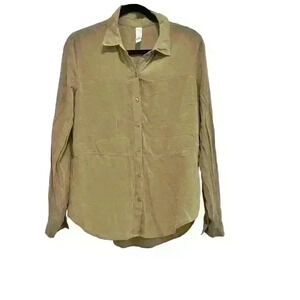 Spanx Low Maintenance Silk Blouse Button Down Long Sleeve Sage Green Size M